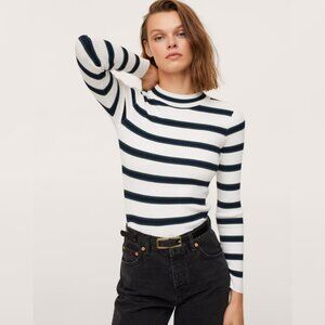 Mango White Sweater with Navy and Green Stripes